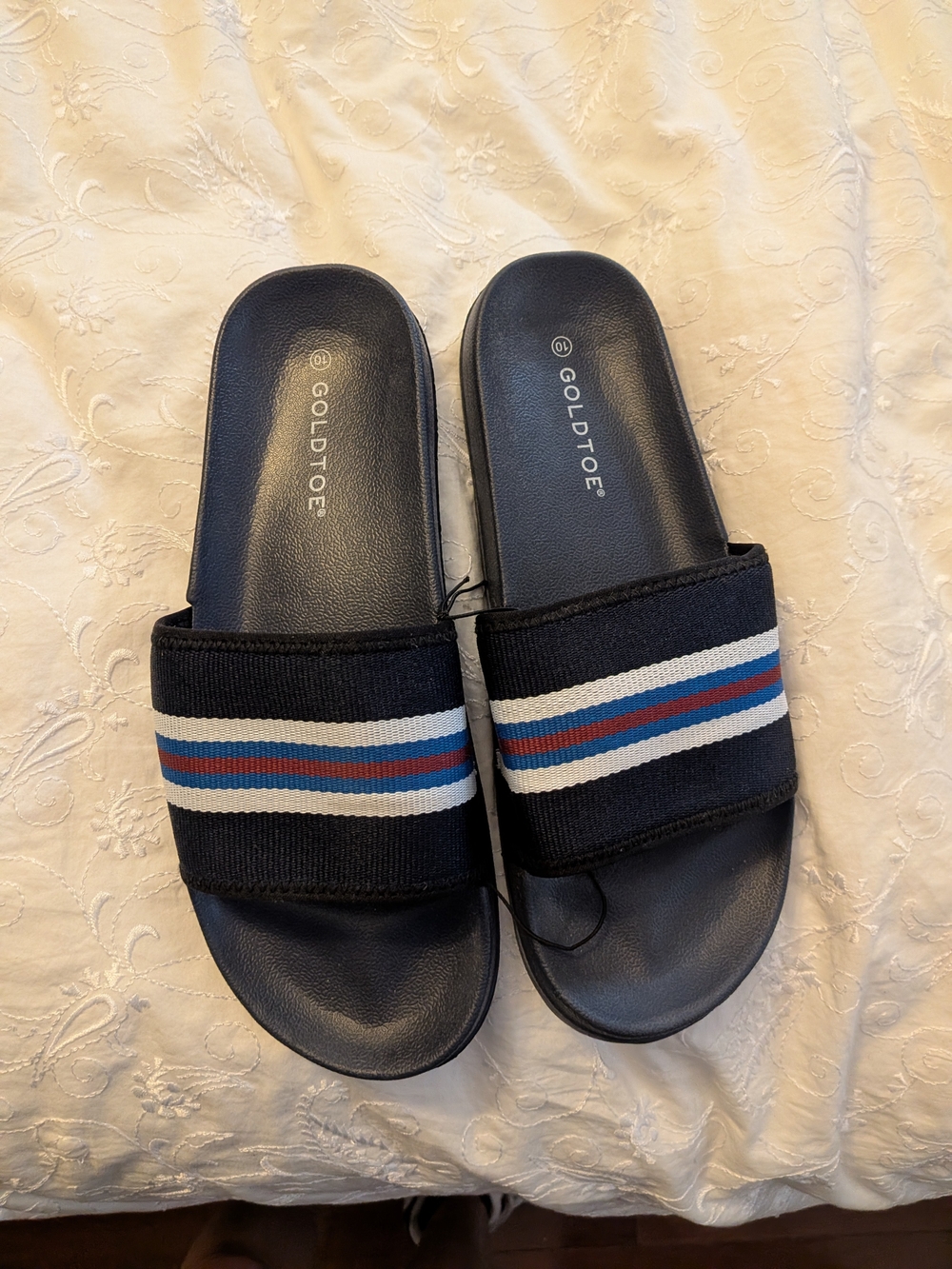 Gold Toe Navy Slide Sandals with Red, Blue & White Stripes
